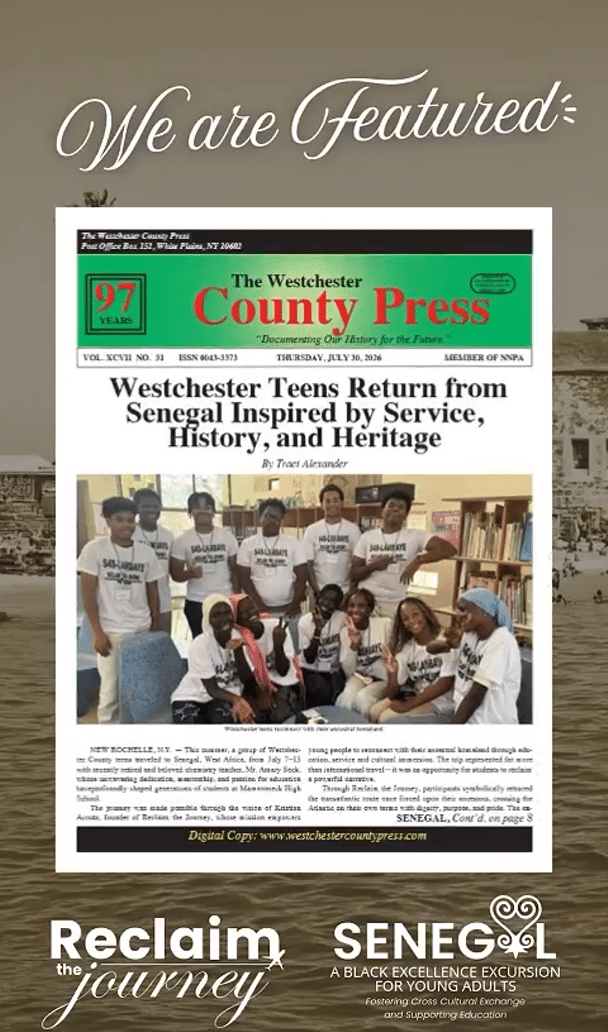Image of the newspaper "The Westchester County Press" with the headline "Westchester Teens Return from Senegal Inspired by Service, History, and Heritage"